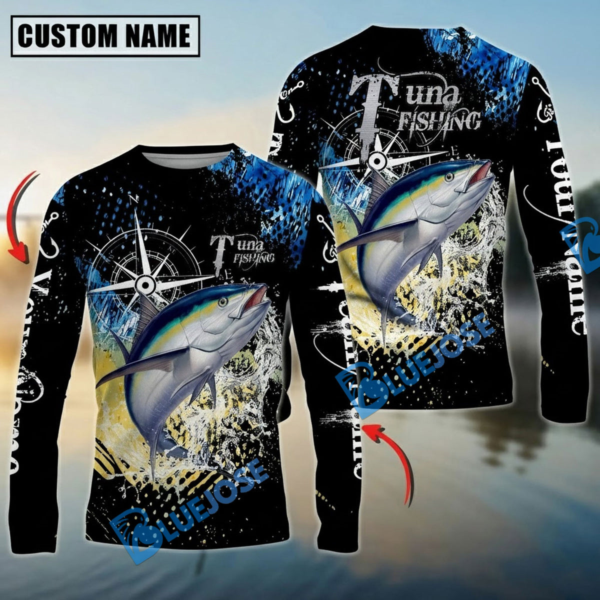 BlueJose Tuna Fishing Compass Splash Custom Name & Team Name 3D Shirts