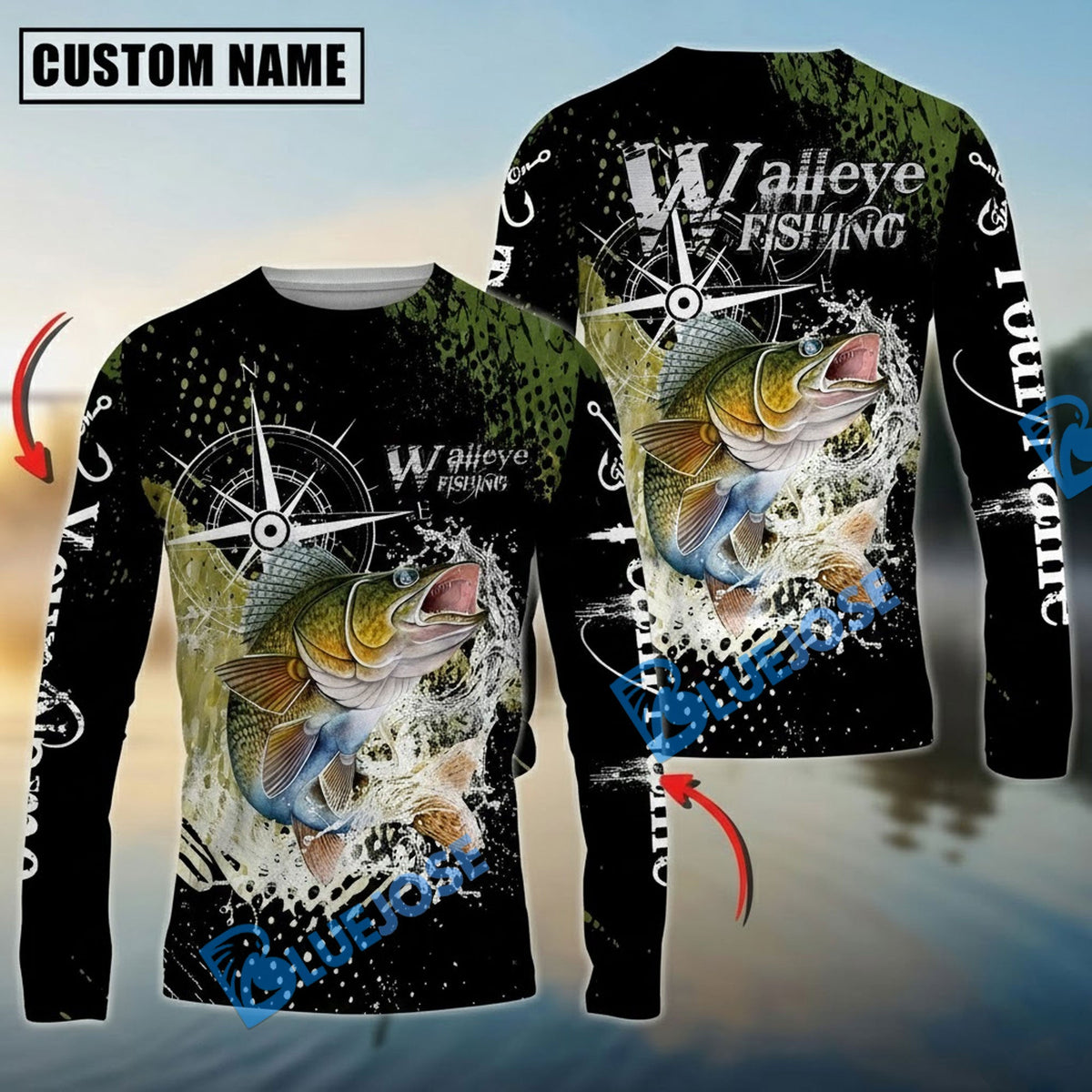 BlueJose Walleye Fishing Compass Splash Custom Name & Team Name 3D Shirts