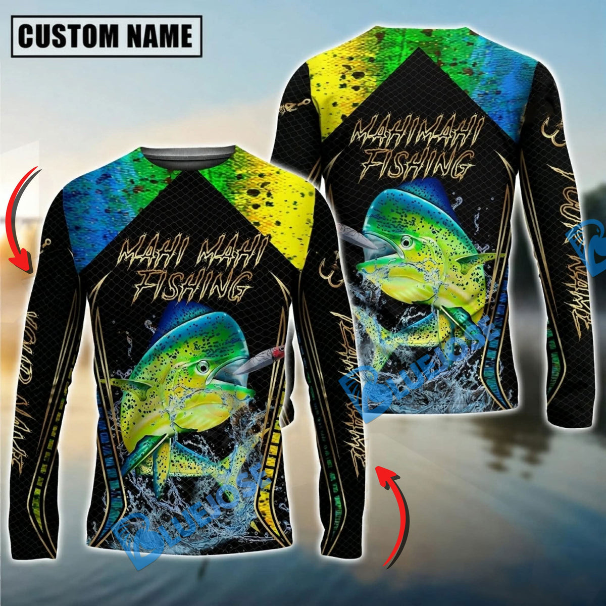 BlueJose Golden Mahi-Mahi Fishing Jumping Design Custom Name & Team Name 3D Shirts