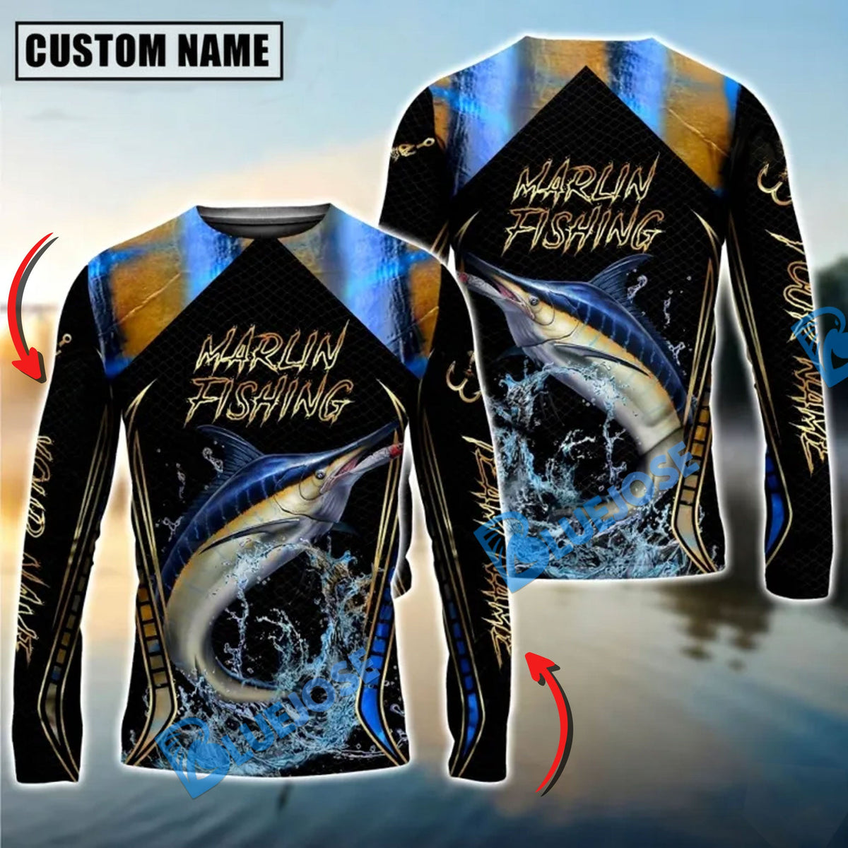 BlueJose Golden Marlin Fishing Jumping Design Custom Name & Team Name 3D Shirts