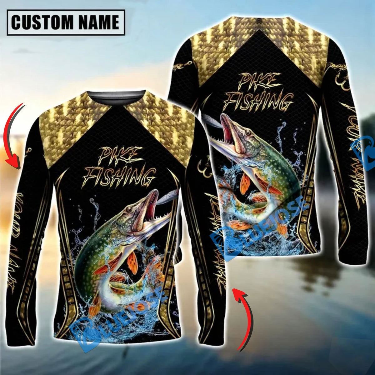 BlueJose Golden Pike Fishing Jumping Design Custom Name & Team Name 3D Shirts