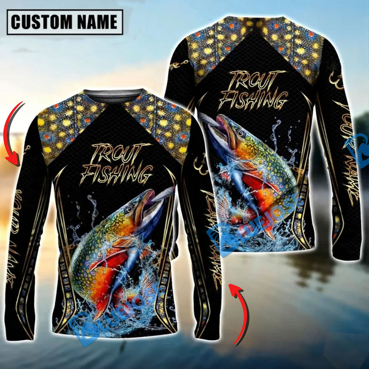 BlueJose Golden Trout Fishing Jumping Design Custom Name & Team Name 3D Shirts