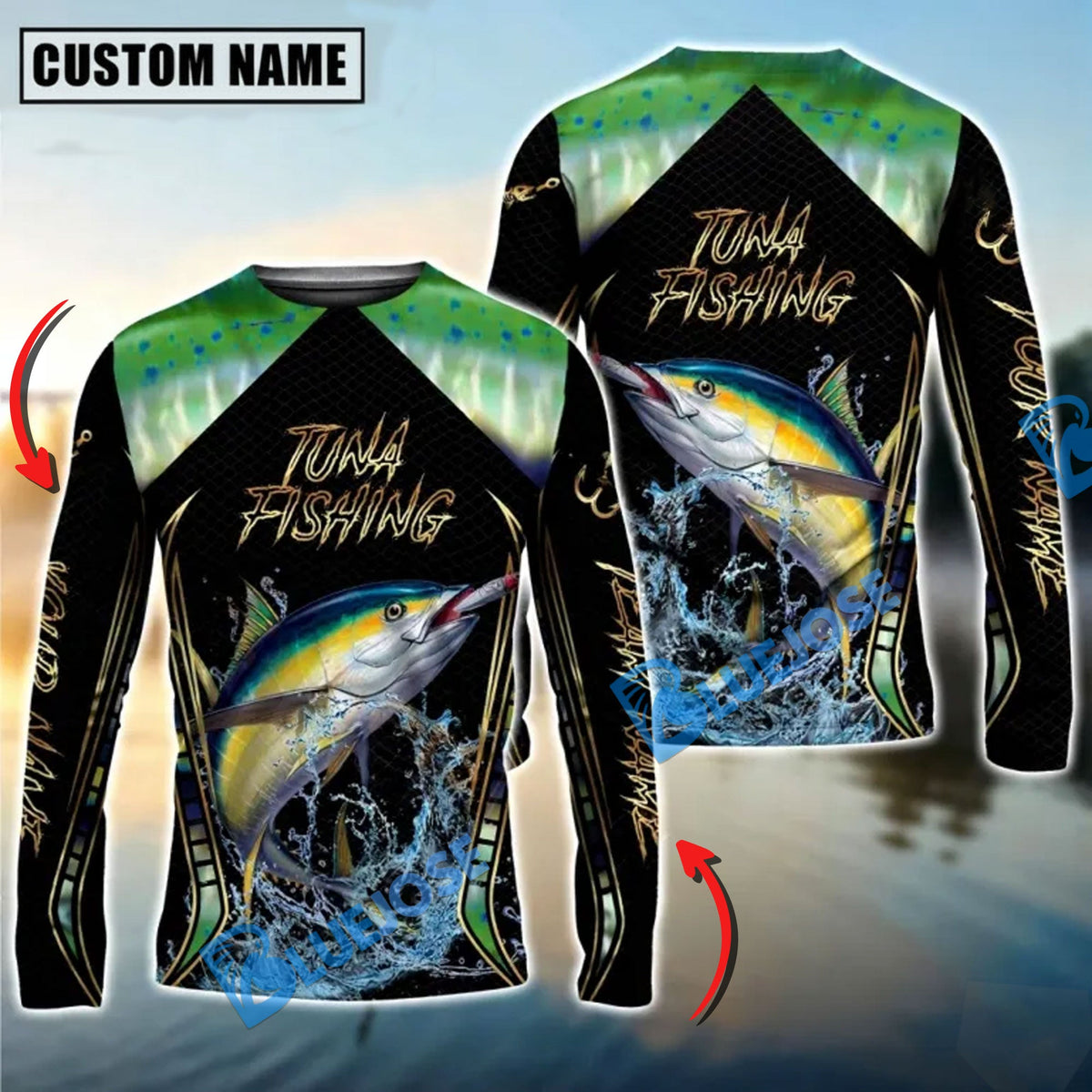 BlueJose Golden Tuna Fishing Jumping Design Custom Name & Team Name 3D Shirts