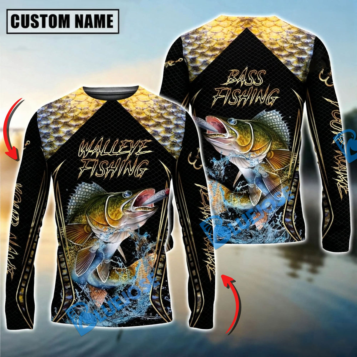 BlueJose Golden Walleye Fishing Jumping Design Custom Name & Team Name 3D Shirts