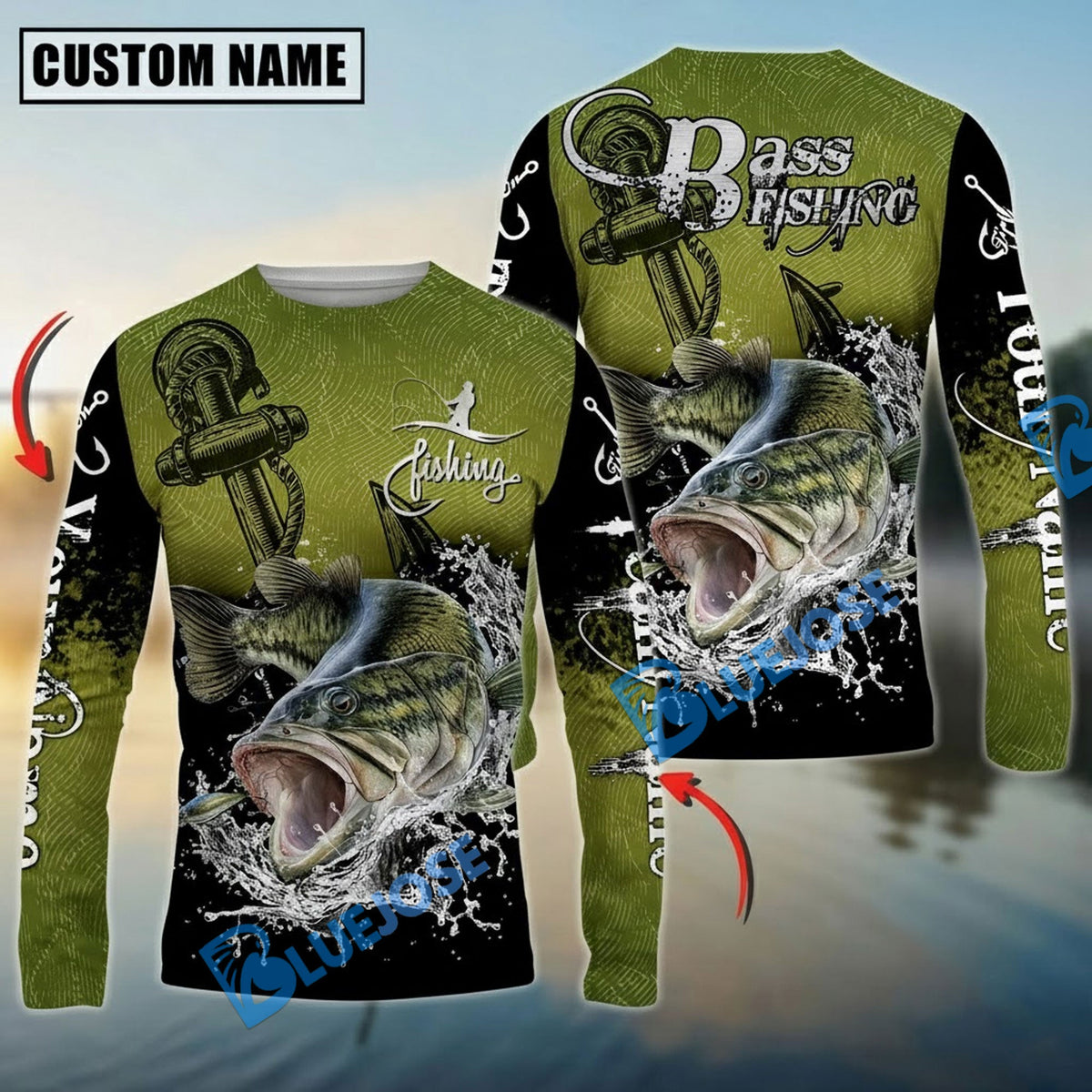 BlueJose Bass Fishing Anchor Design Custom Name & Team Name 3D Shirts