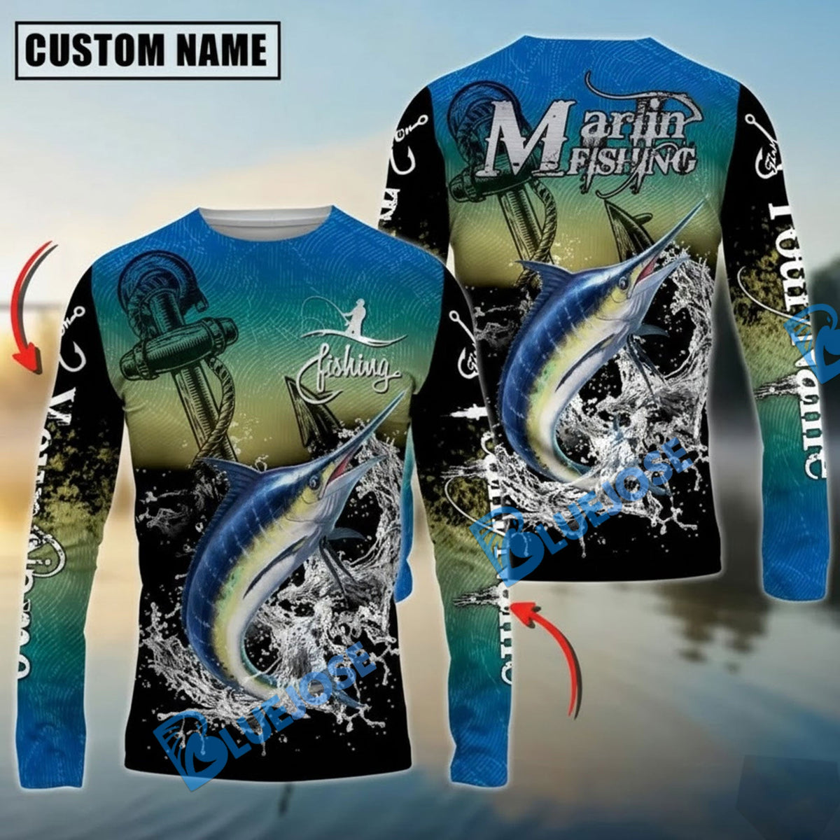 BlueJose Marlin Fishing Anchor Design Custom Name & Team Name 3D Shirts
