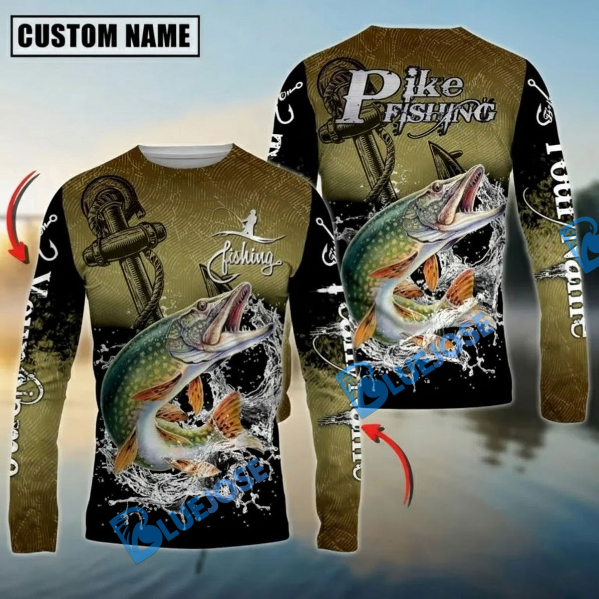 BlueJose Pike Fishing Anchor Design Custom Name & Team Name 3D Shirts