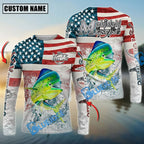 BlueJose Mahi-mahi Fishing American Flag Splash Design Custom Name & Team Name 3D Shirts