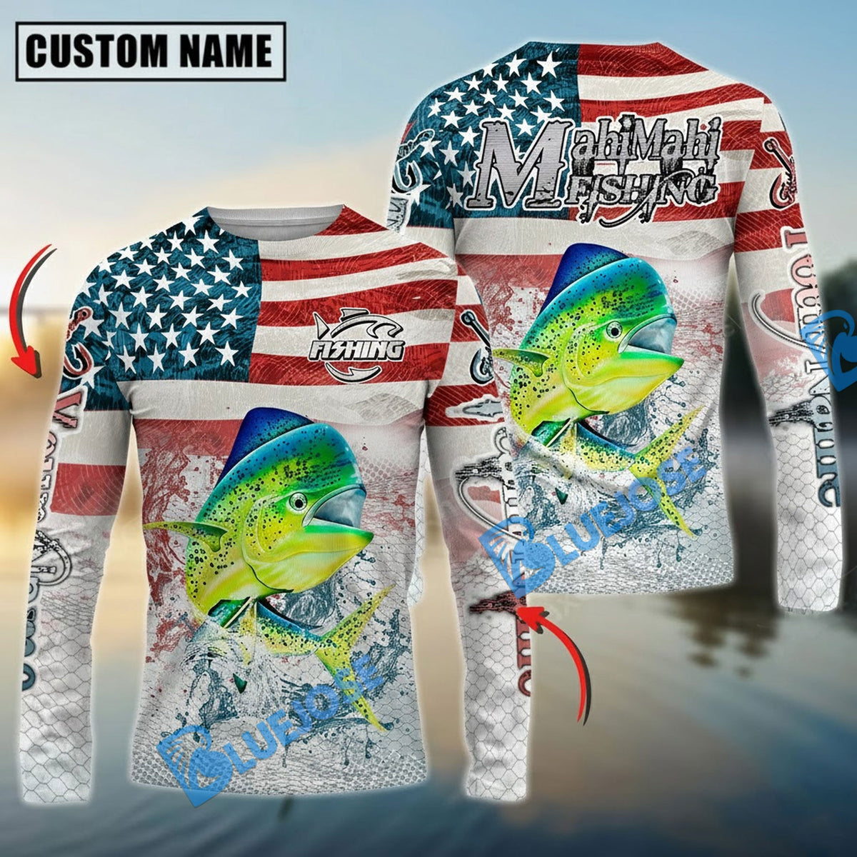 BlueJose Mahi-mahi Fishing American Flag Splash Design Custom Name & Team Name 3D Shirts