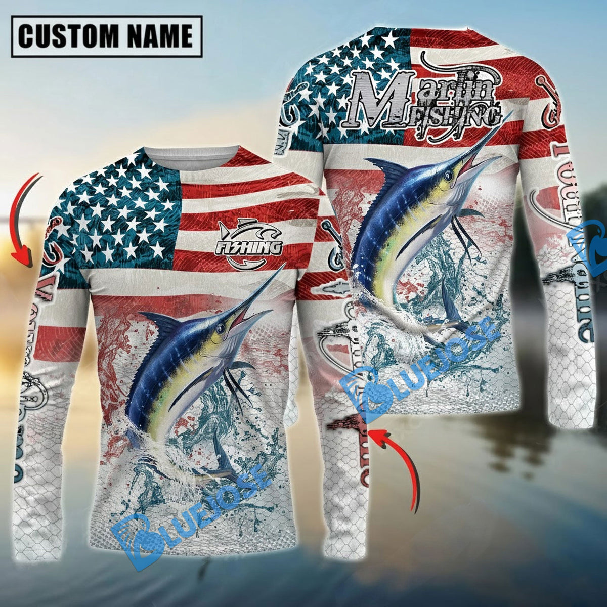 BlueJose Marlin Fishing American Flag Splash Design Custom Name & Team Name 3D Shirts