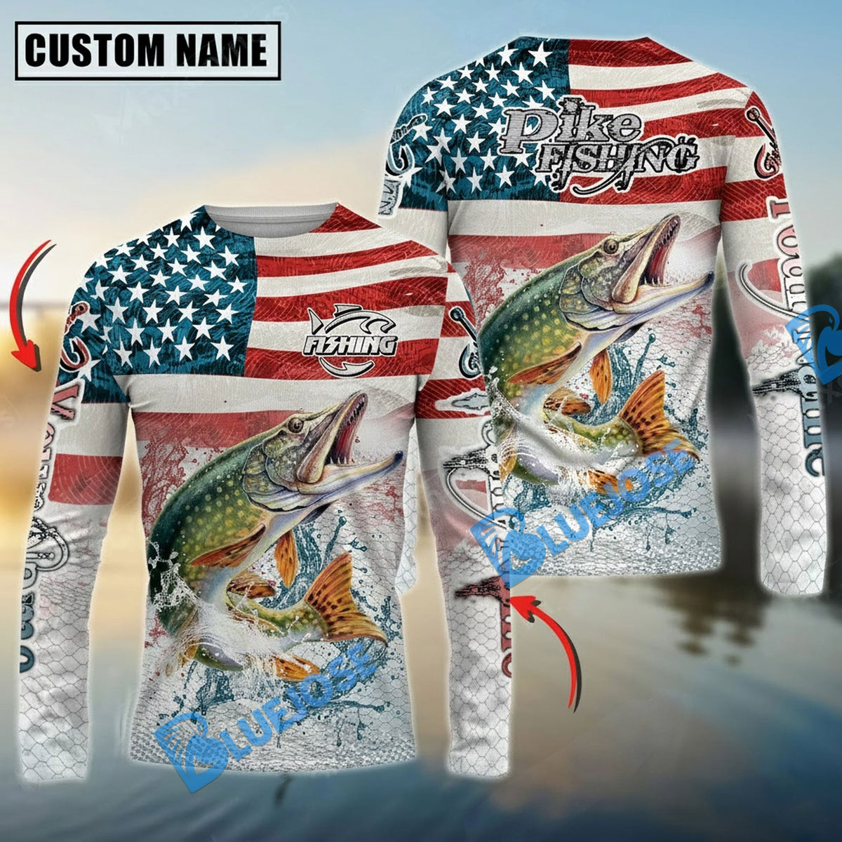 BlueJose Pike Fishing American Flag Splash Design Custom Name & Team Name 3D Shirts