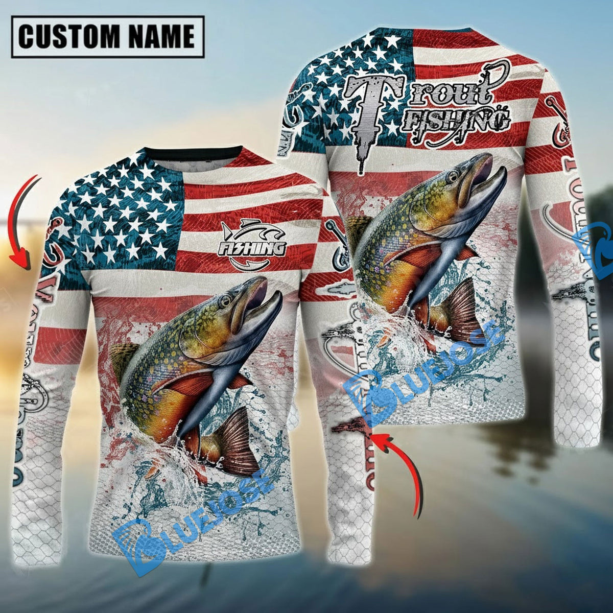 BlueJose Trout Fishing American Flag Splash Design Custom Name & Team Name 3D Shirts
