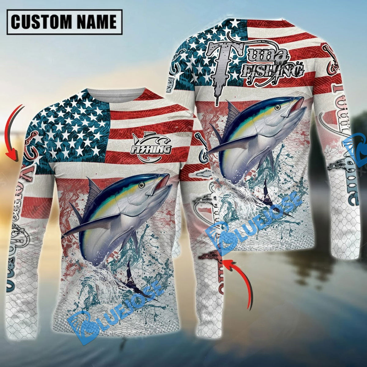 BlueJose Tuna Fishing American Flag Splash Design Custom Name & Team Name 3D Shirts