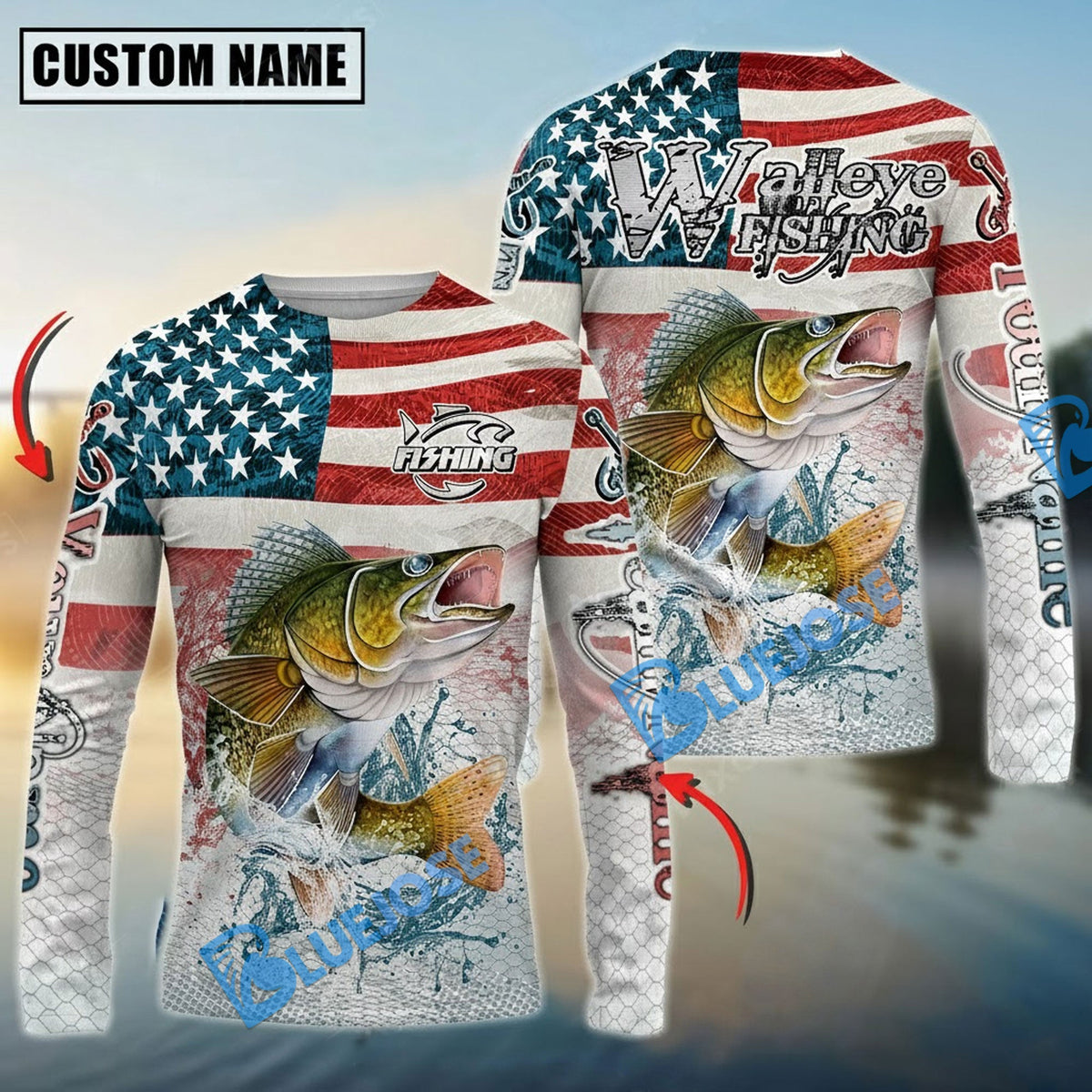 BlueJose Walleye Fishing American Flag Splash Design Custom Name & Team Name 3D Shirts