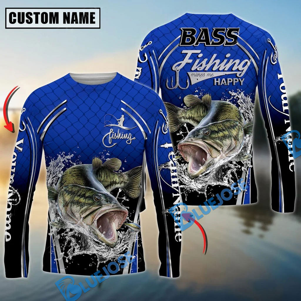BlueJose Silver Bass Fishing Makes Me Happy Splashing Water Custom Name & Team Name 3D Shirts