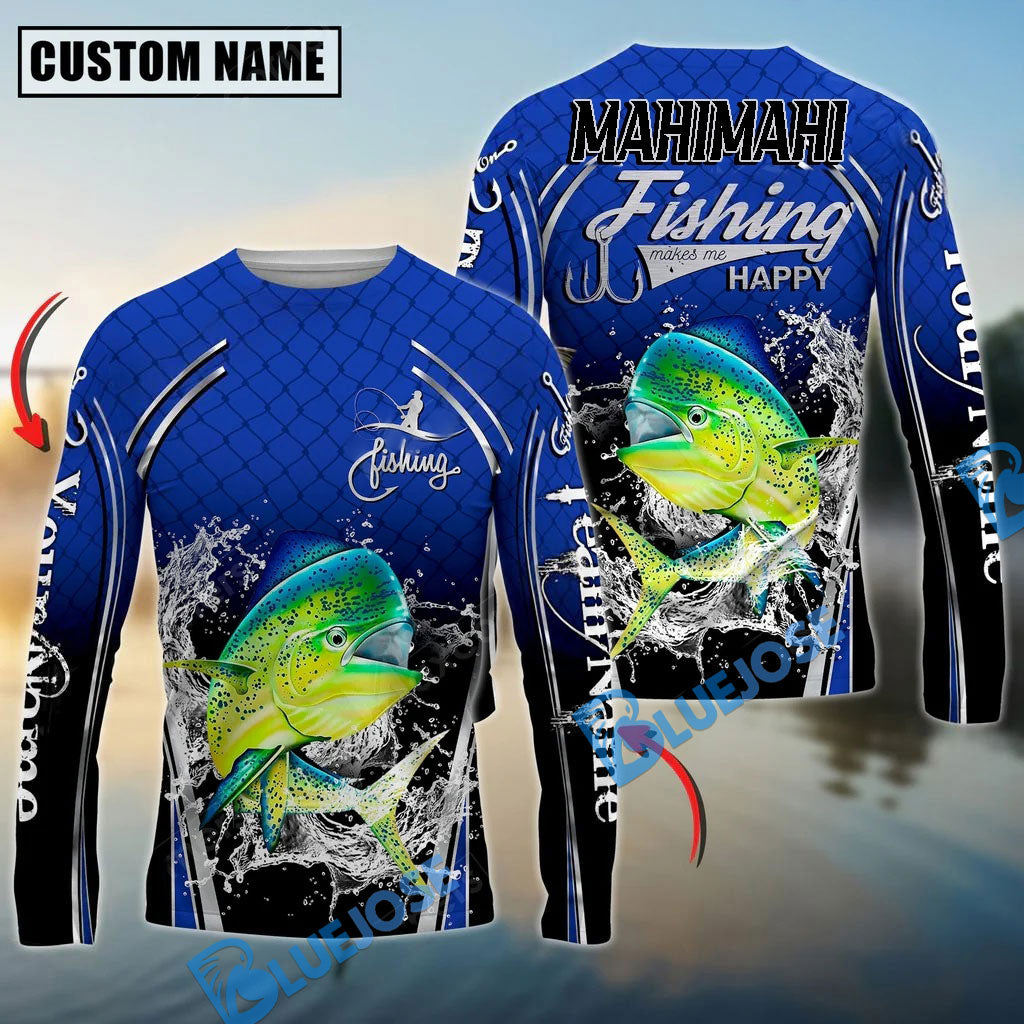 BlueJose Silver Mahi-Mahi Fishing Makes Me Happy Splashing Water Custom Name & Team Name 3D Shirts
