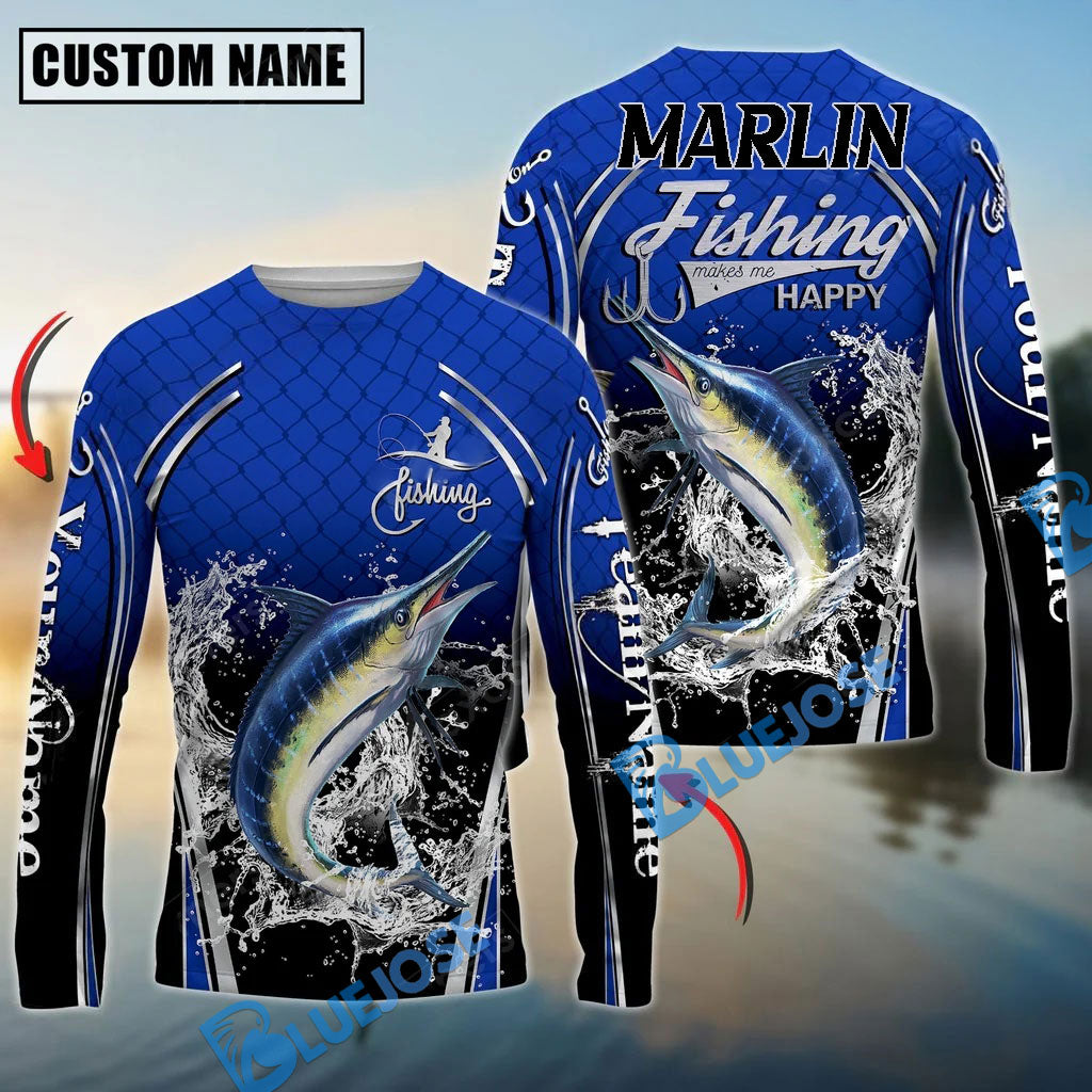 BlueJose Silver Marlin Fishing Makes Me Happy Splashing Water Custom Name & Team Name 3D Shirts