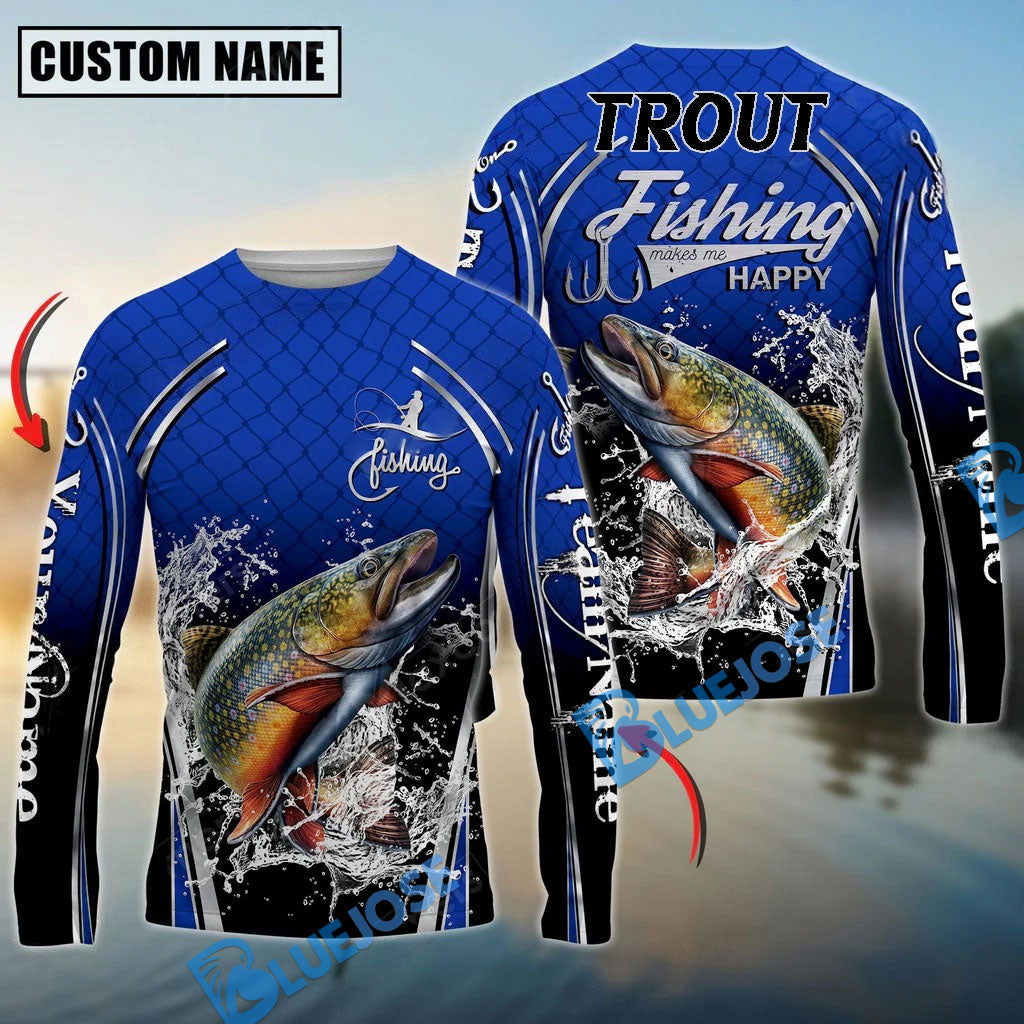 BlueJose Silver Trout Fishing Makes Me Happy Splashing Water Custom Name & Team Name 3D Shirts