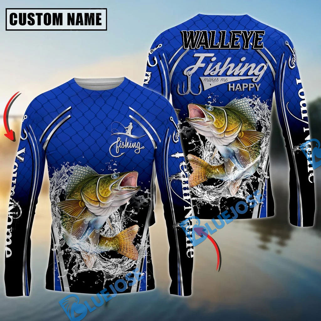 BlueJose Silver Walleye Fishing Makes Me Happy Splashing Water Custom Name & Team Name 3D Shirts