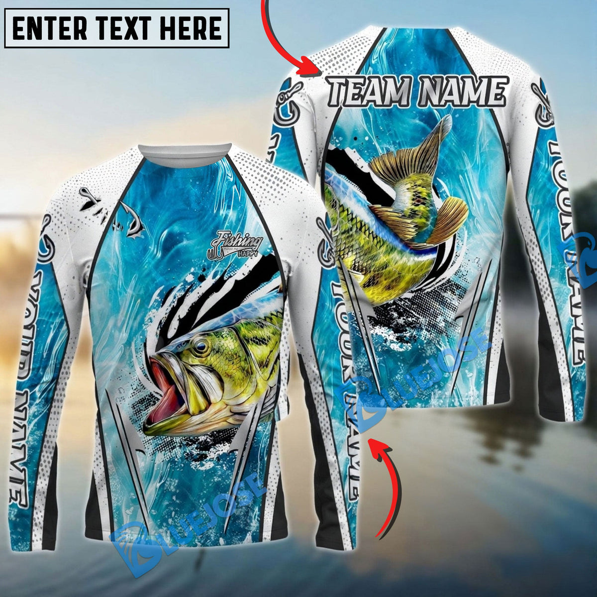 BlueJose Bass Fishing Dynamic Water Splash Design Custom Name & Team Name 3D Shirts