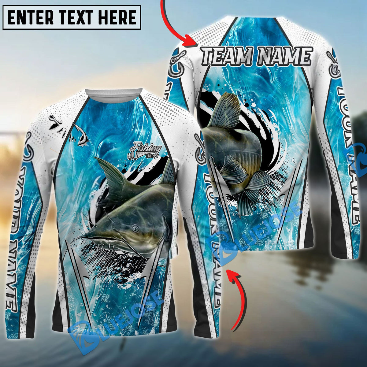BlueJose Catfish Fishing Dynamic Water Splash Design Custom Name & Team Name 3D Shirts
