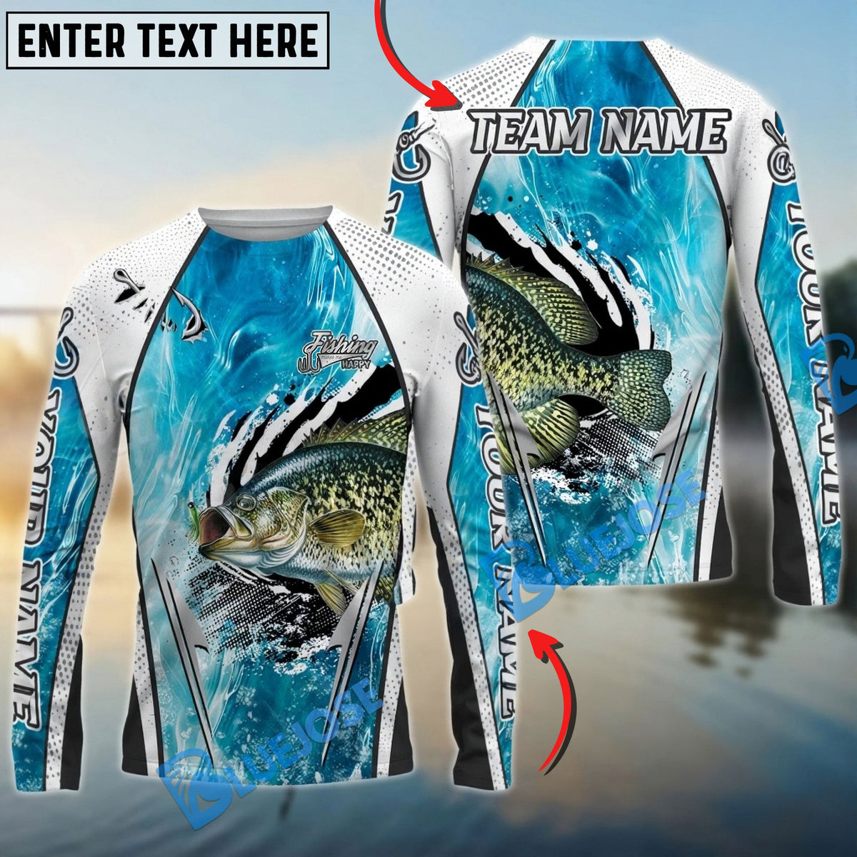 BlueJose Crappie Fishing Dynamic Water Splash Design Custom Name & Team Name 3D Shirts