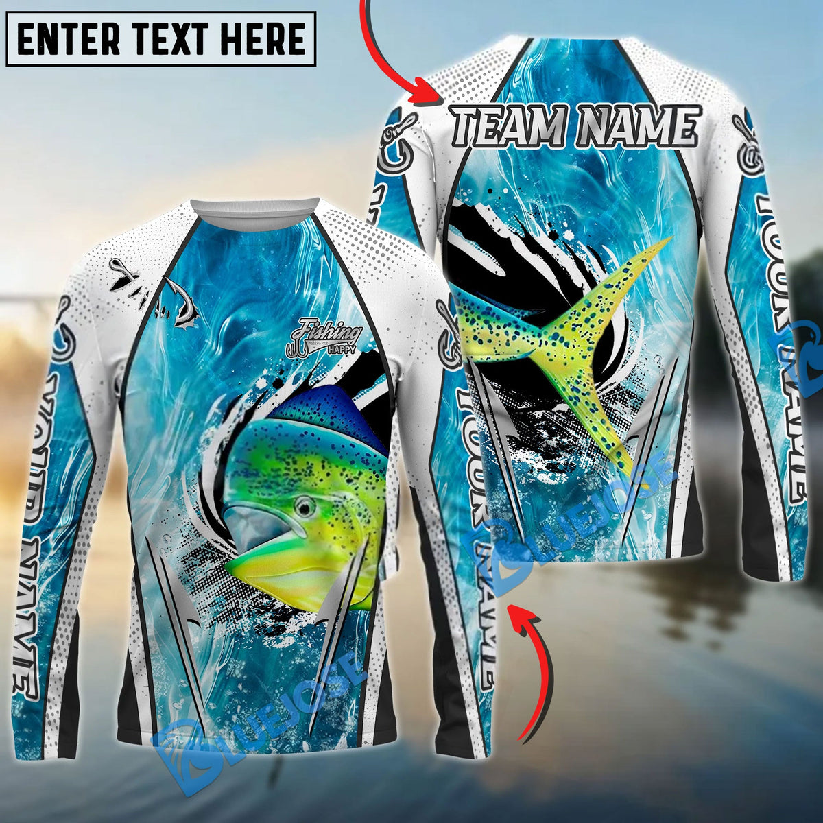 BlueJose Mahi-Mahi Fishing Dynamic Water Splash Design Custom Name & Team Name 3D Shirts