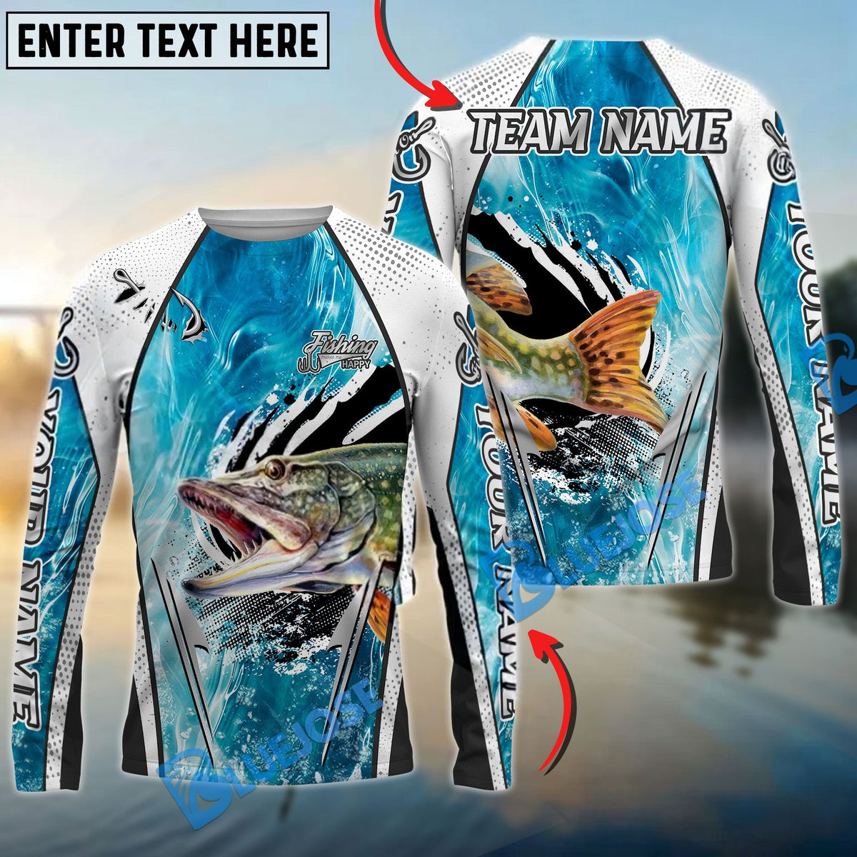 BlueJose Pike Fishing Dynamic Water Splash Design Custom Name & Team Name 3D Shirts