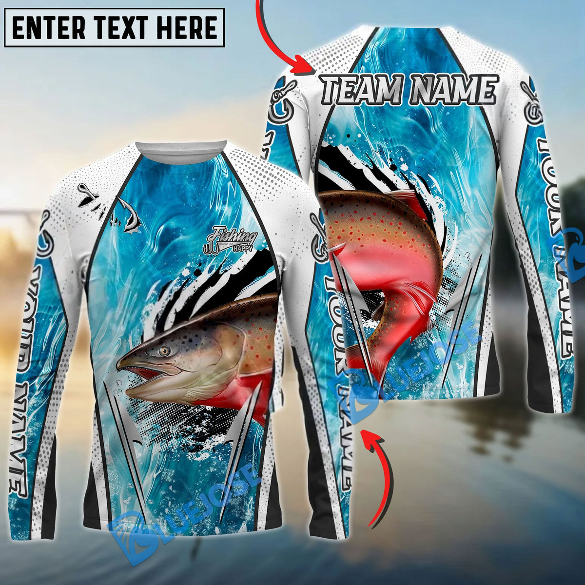 BlueJose Salmon Fishing Dynamic Water Splash Design Custom Name & Team Name 3D Shirts