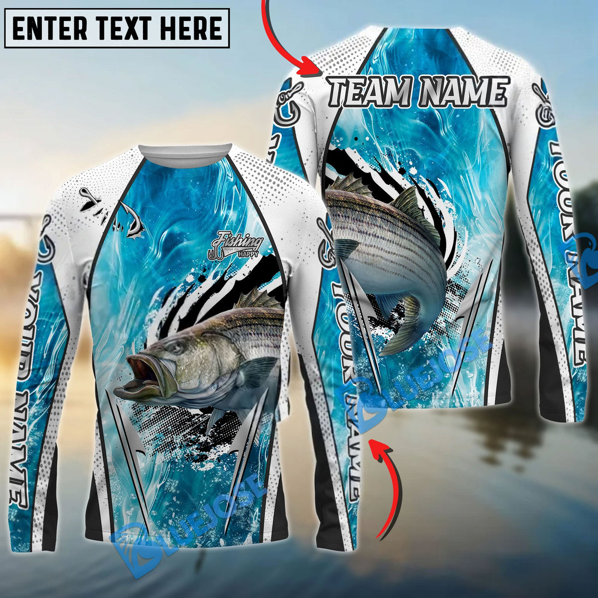 BlueJose Striped Bass Fishing Dynamic Water Splash Design Custom Name & Team Name 3D Shirts