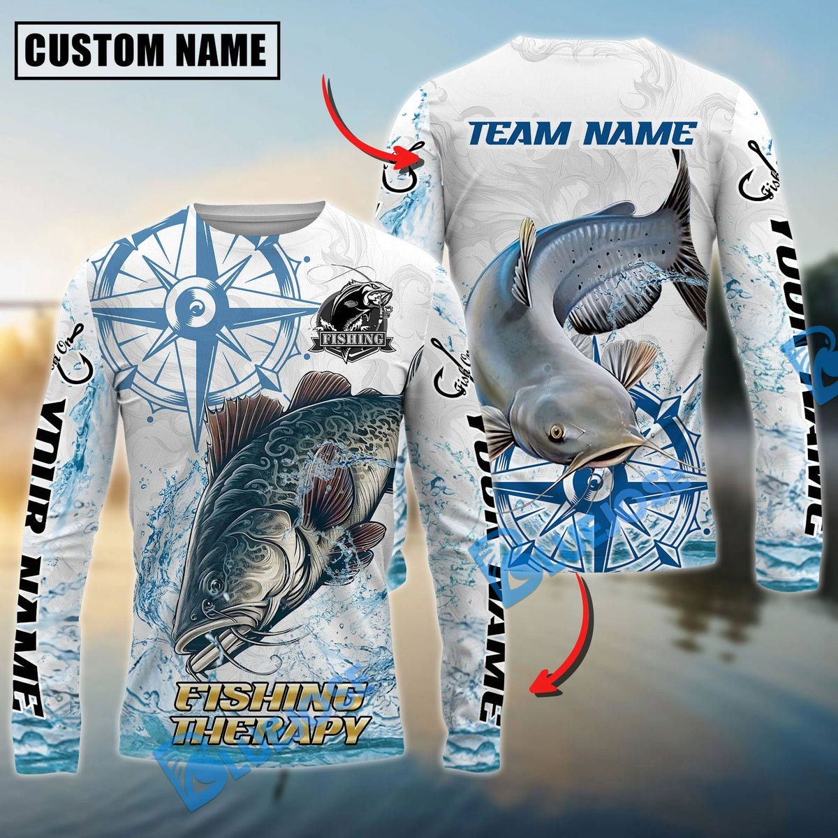 BlueJose Catfish Fishing Compass Navigation Style Custom Name & Team Name 3D Shirts