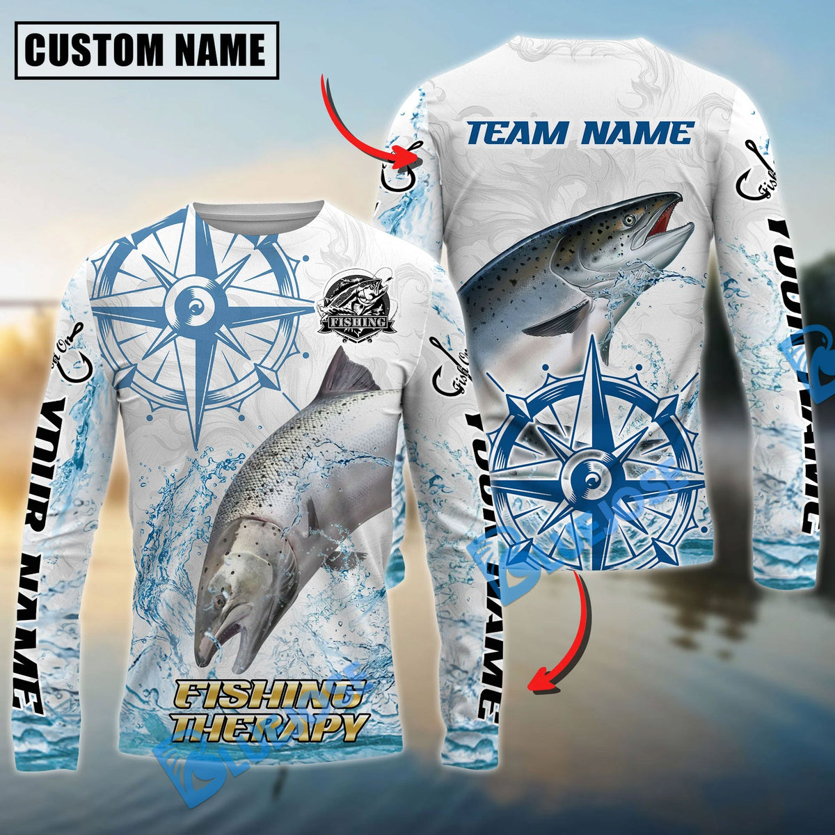 BlueJose Chinook Salmon Fishing Compass Navigation Style Custom Name & Team Name 3D Shirts