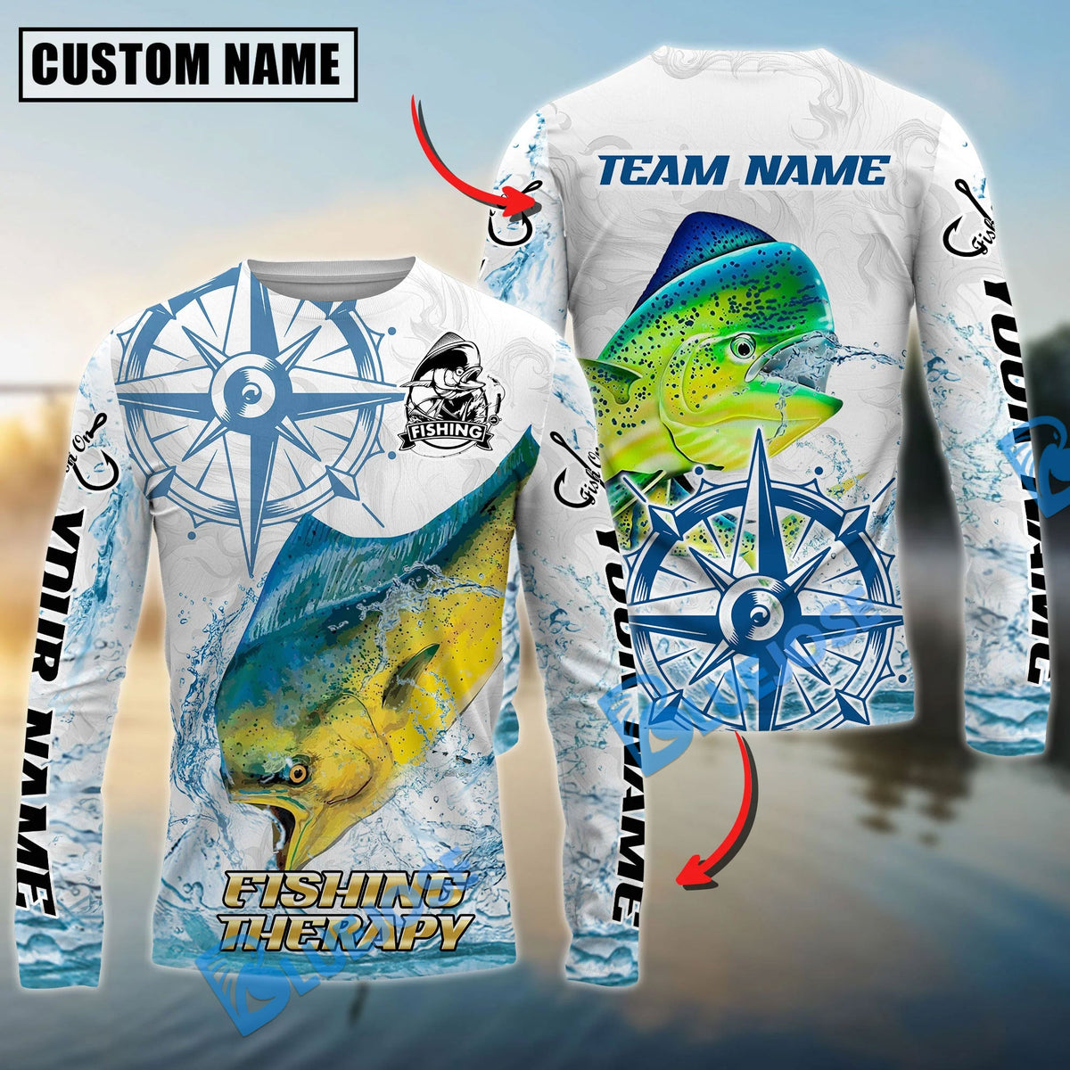 BlueJose Mahi-Mahi Fishing Compass Navigation Style Custom Name & Team Name 3D Shirts
