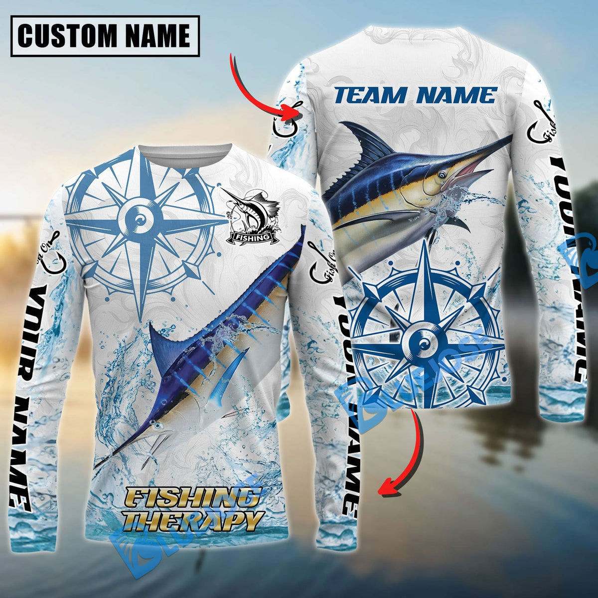 BlueJose Marlin Fishing Compass Navigation Style Custom Name & Team Name 3D Shirts