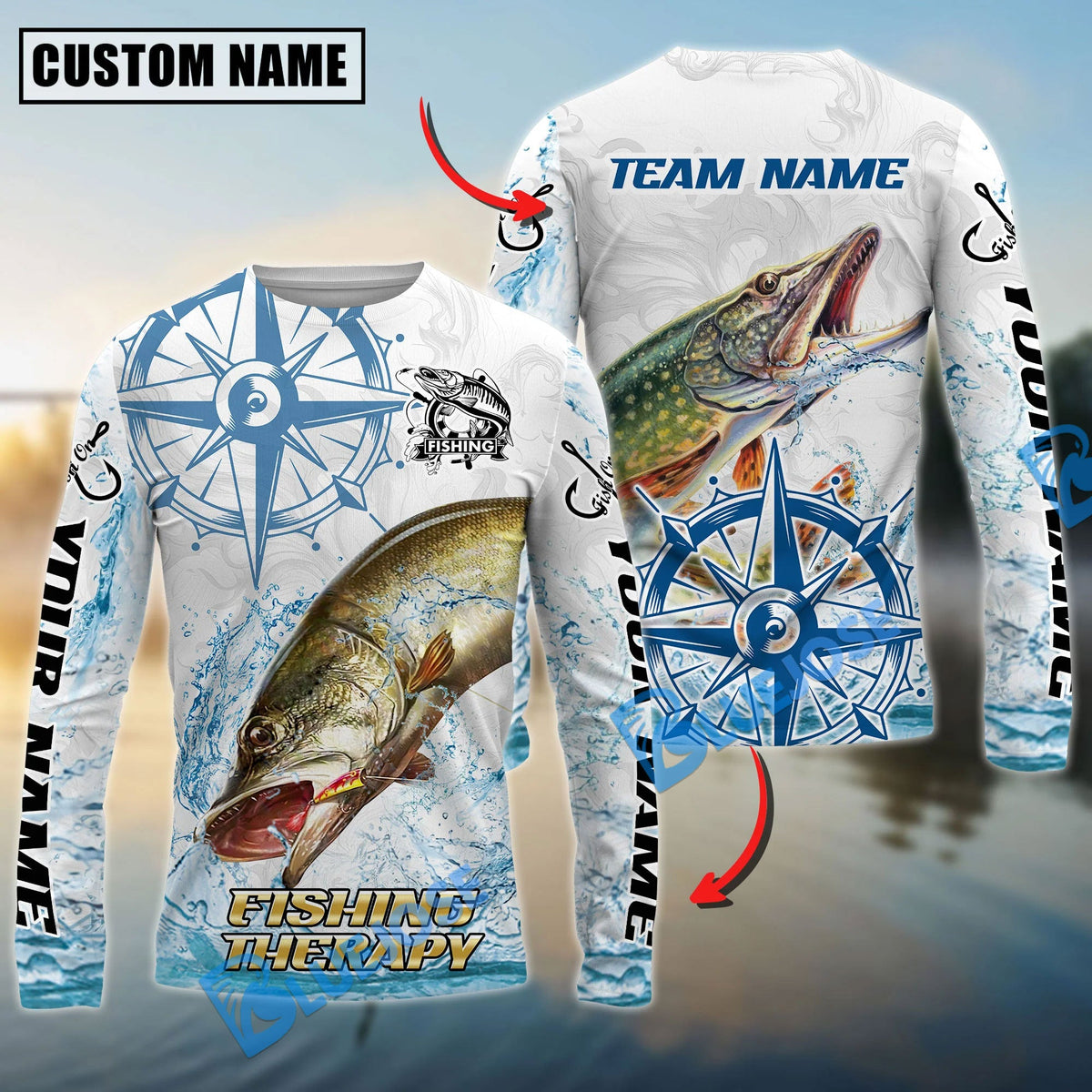 BlueJose Pike Fishing Compass Navigation Style Custom Name & Team Name 3D Shirts