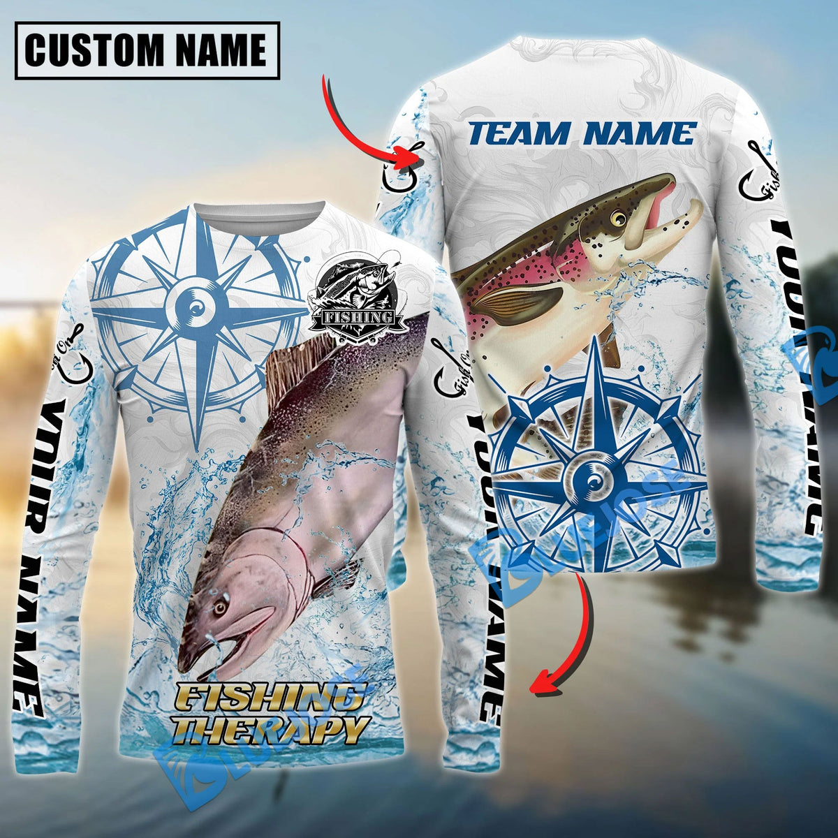 BlueJose Salmon Fishing Compass Navigation Style Custom Name & Team Name 3D Shirts