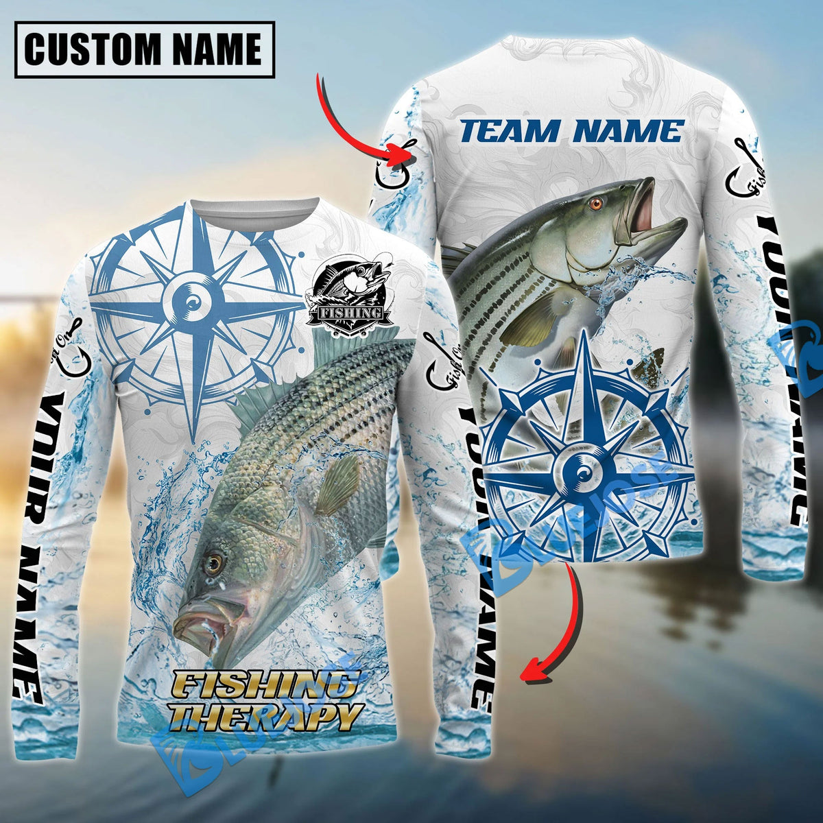 BlueJose Striped Bass Fishing Compass Navigation Style Custom Name & Team Name 3D Shirts