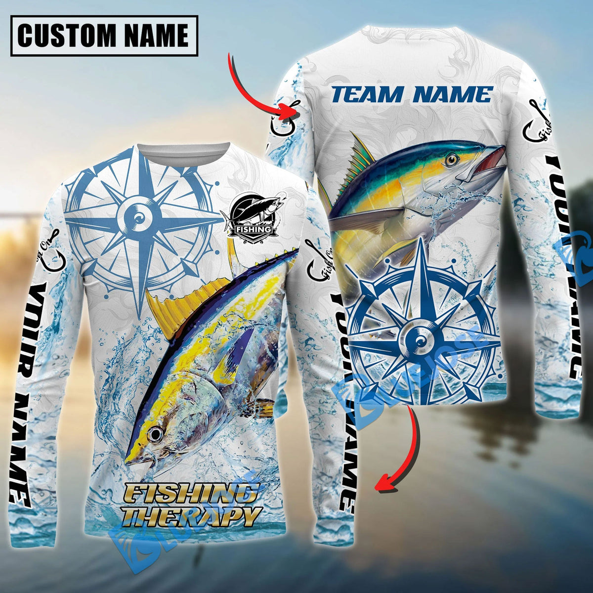 BlueJose Tuna Fishing Compass Navigation Style Custom Name & Team Name 3D Shirts