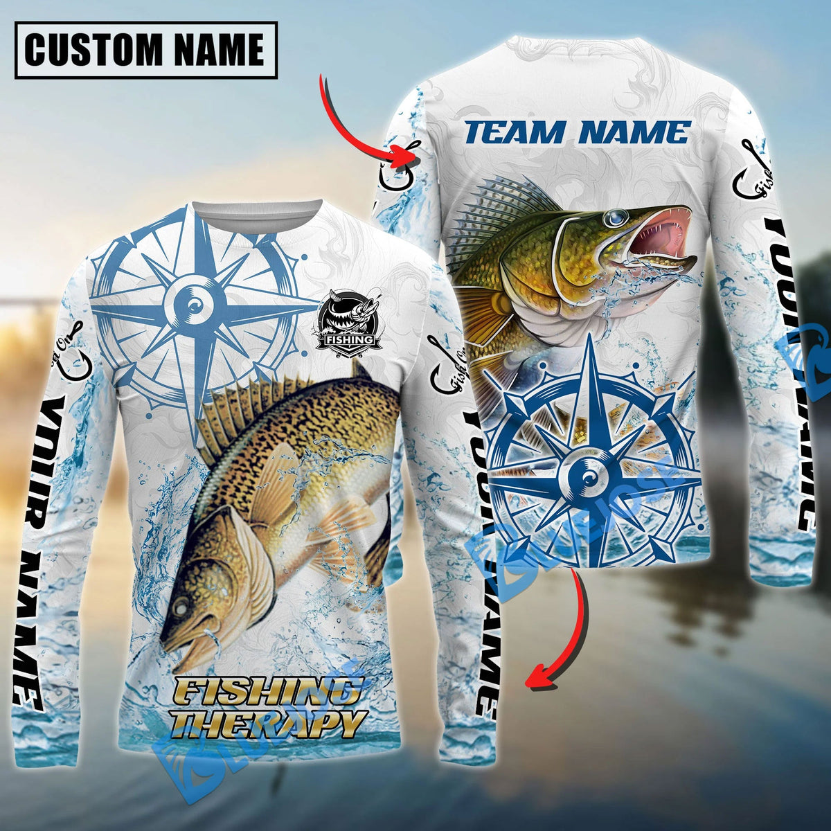 BlueJose Walleye Fishing Compass Navigation Style Custom Name & Team Name 3D Shirts