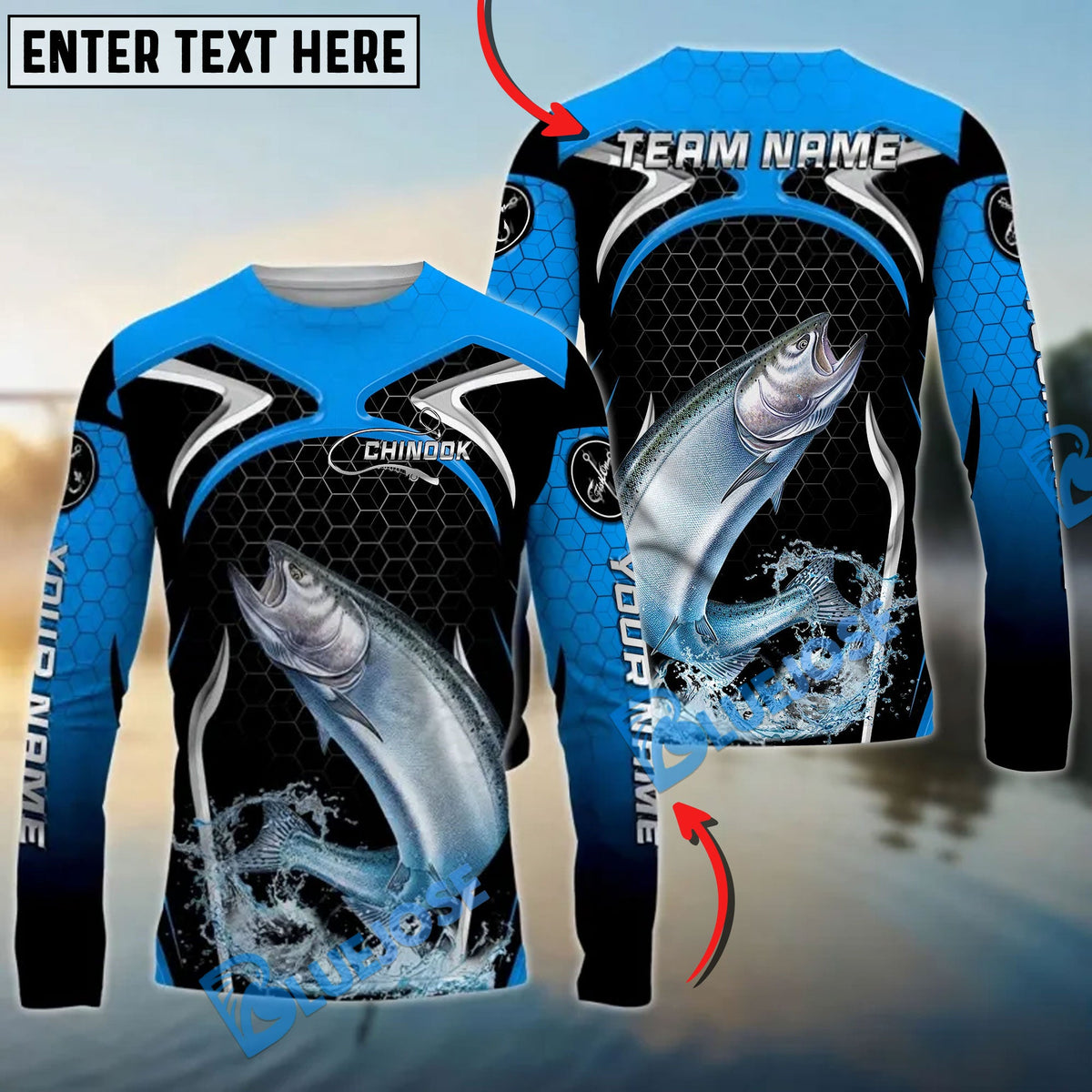 BlueJose Chinook Fishing Deep Blue Hexagon Sport Design Custom Name & Team Name 3D Shirts