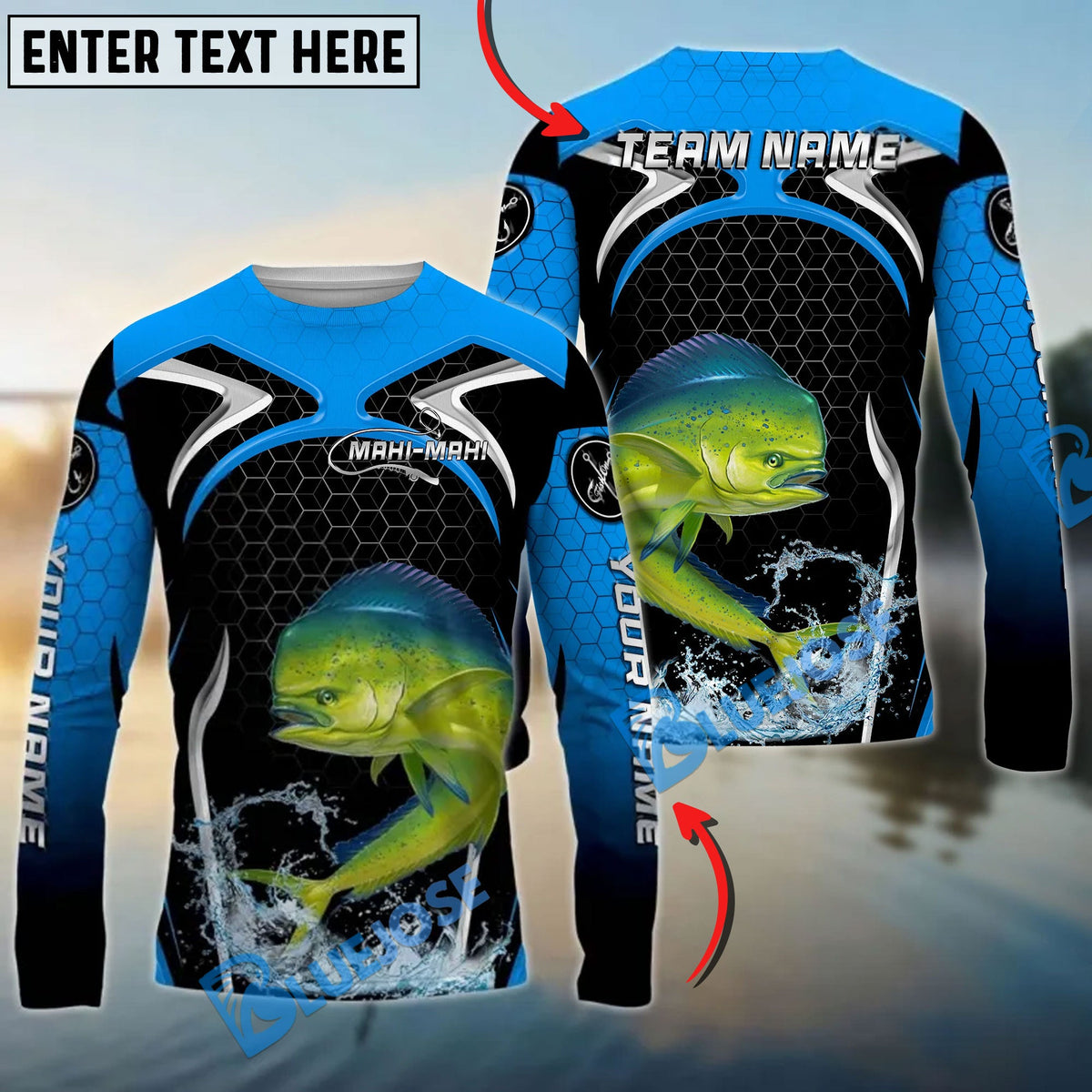 BlueJose Mahi-Mahi Fishing Deep Blue Hexagon Sport Design Custom Name & Team Name 3D Shirts