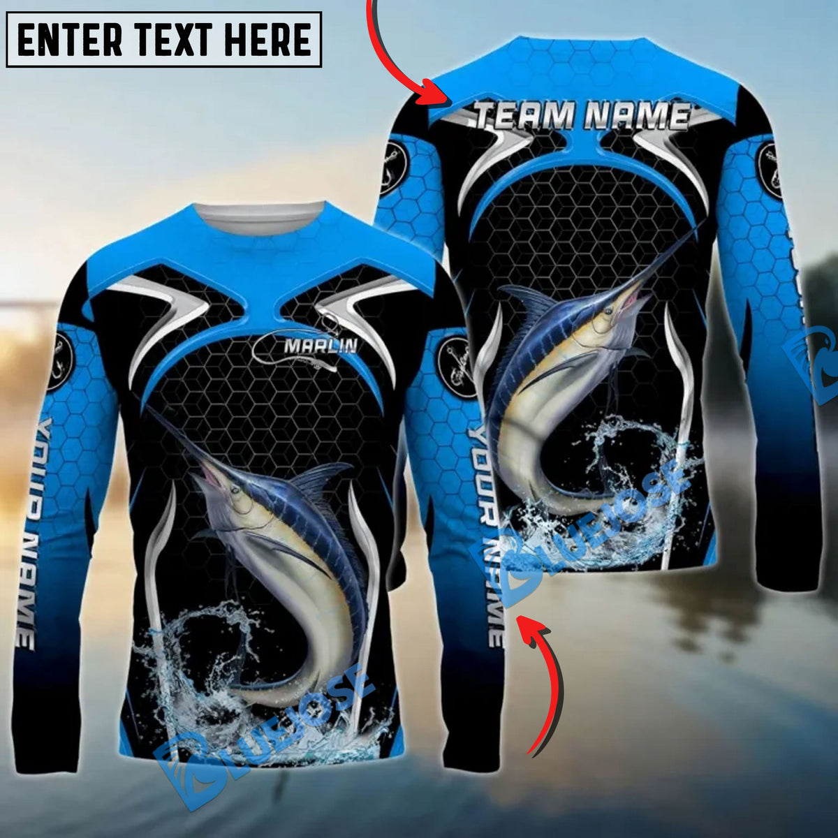 BlueJose Marlin Fishing Deep Blue Hexagon Sport Design Custom Name & Team Name 3D Shirts