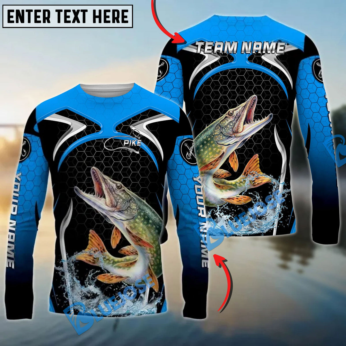 BlueJose Pike Fishing Deep Blue Hexagon Sport Design Custom Name & Team Name 3D Shirts