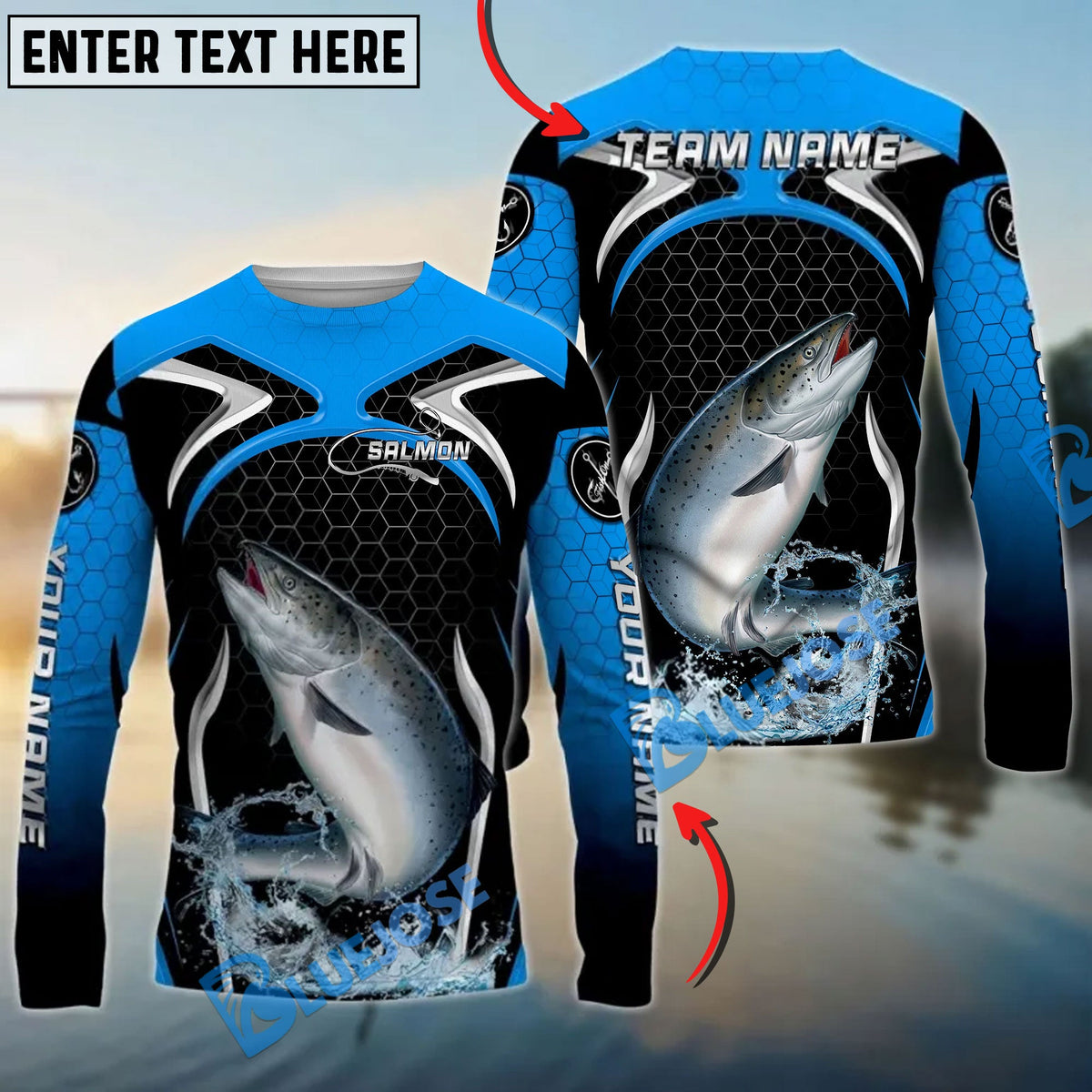 BlueJose Salmon Fishing Deep Blue Hexagon Sport Design Custom Name & Team Name 3D Shirts