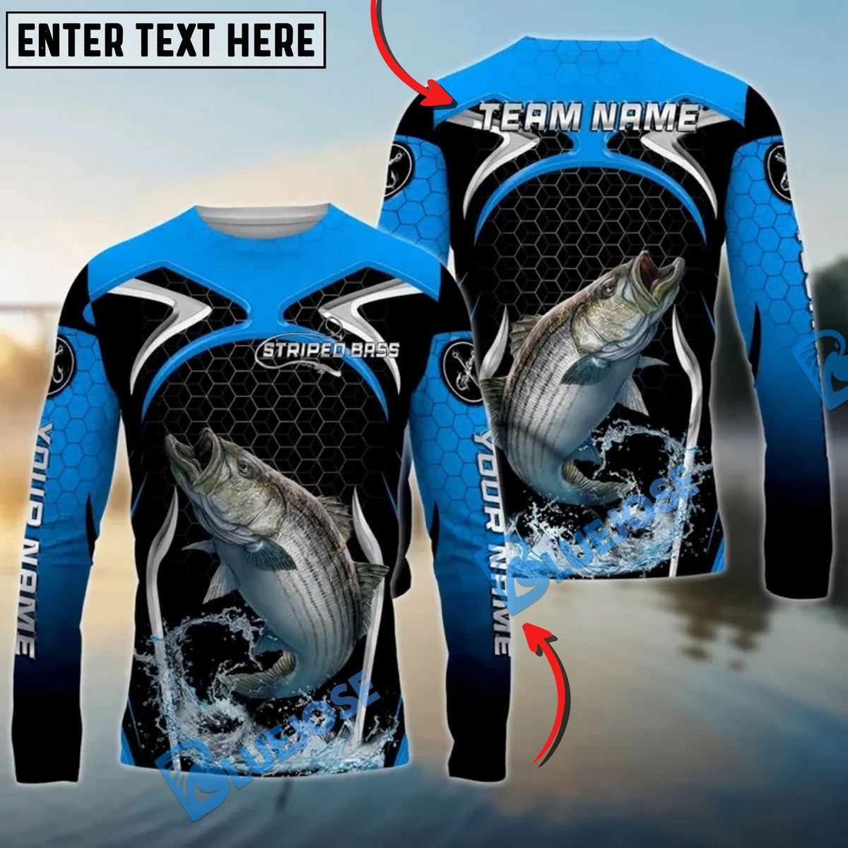 BlueJose Striped Bass Fishing Deep Blue Hexagon Sport Design Custom Name & Team Name 3D Shirts