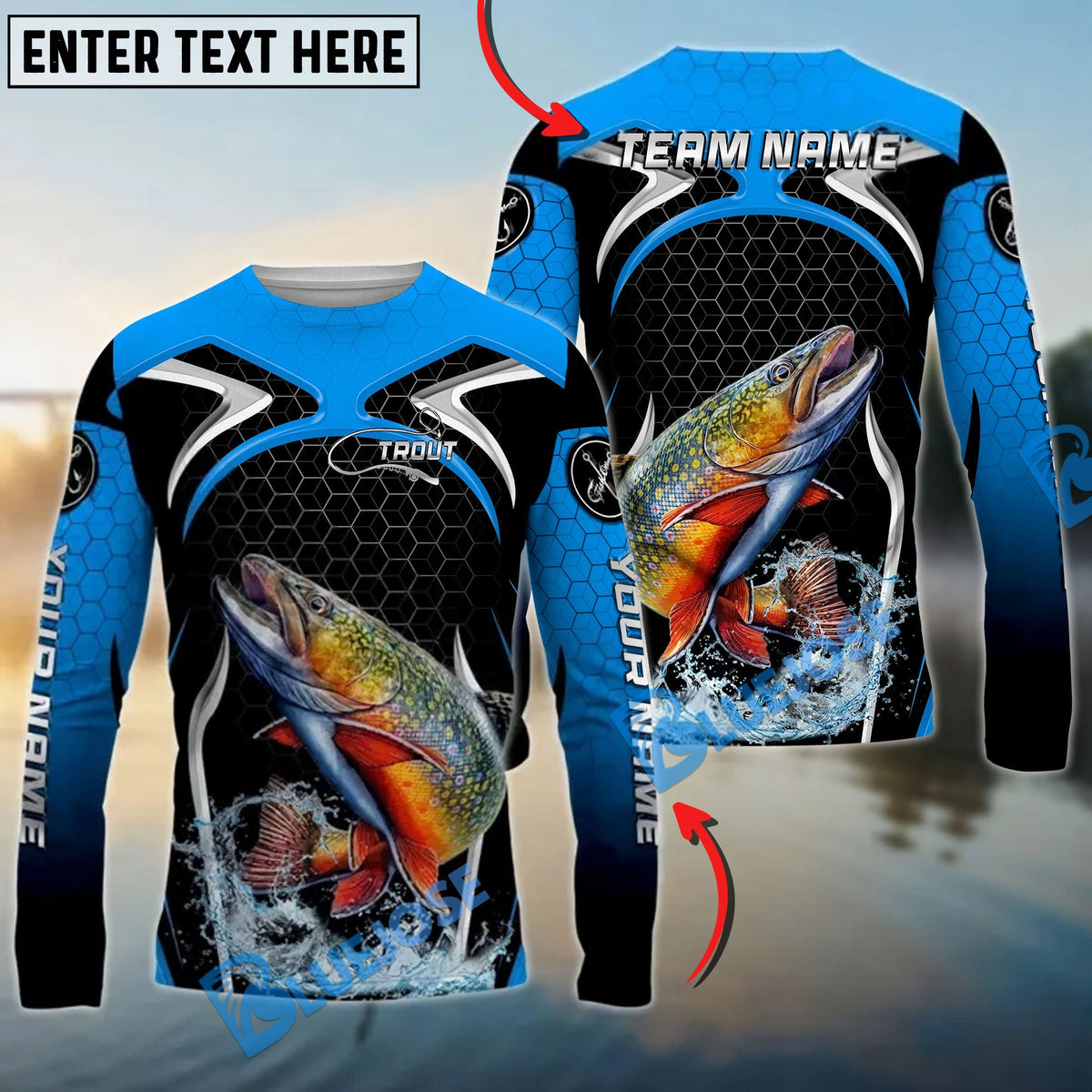 BlueJose Trout Fishing Deep Blue Hexagon Sport Design Custom Name & Team Name 3D Shirts