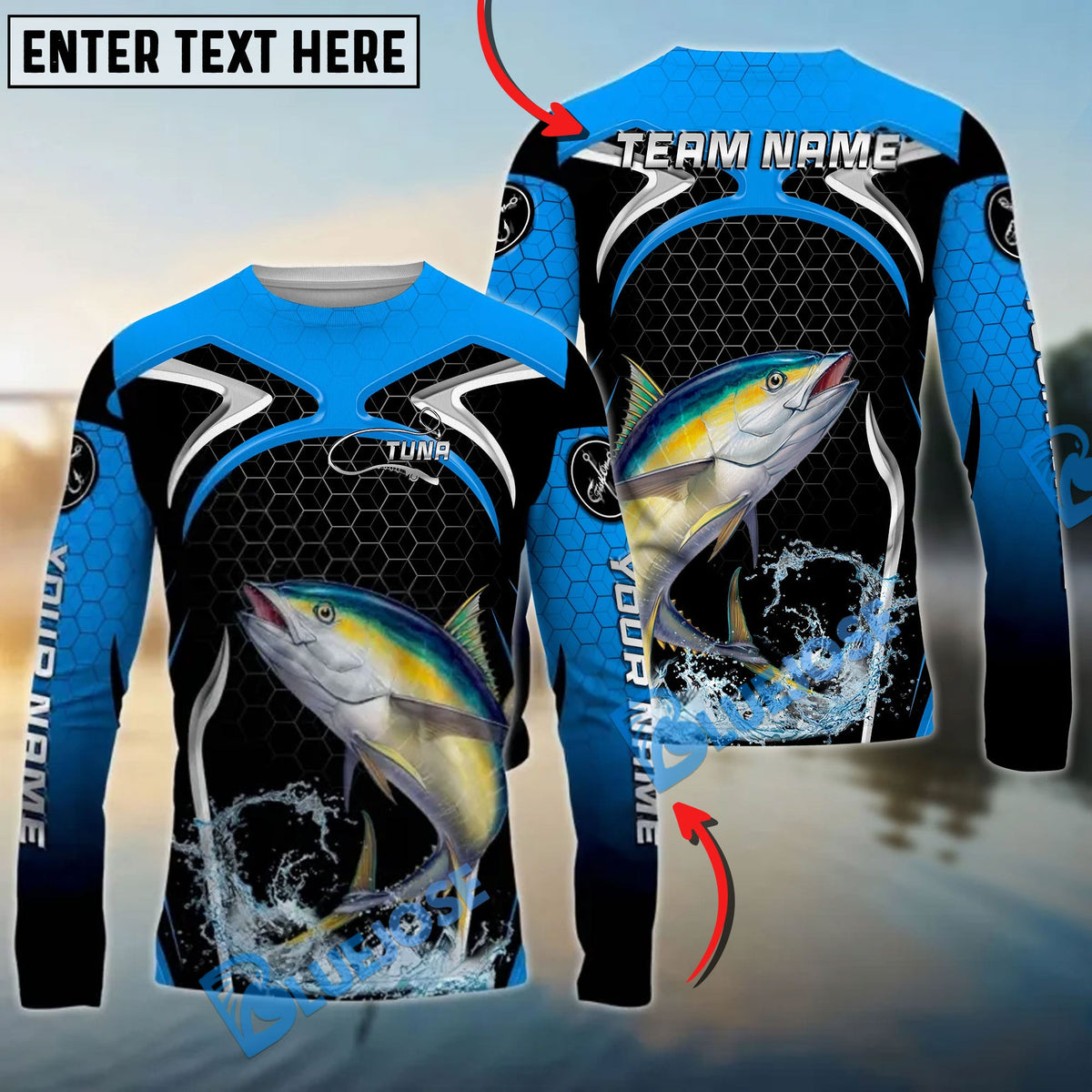 BlueJose Tuna Fishing Deep Blue Hexagon Sport Design Custom Name & Team Name 3D Shirts