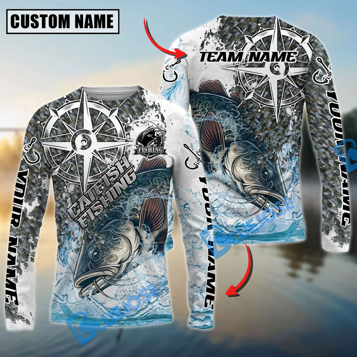 BlueJose Catfish Fishing Scale Pattern Splash Art Custom Name & Team Name 3D Shirts