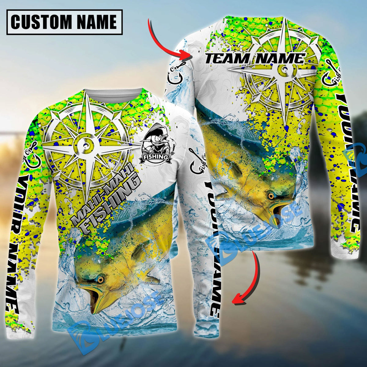 BlueJose Mahi-mahi Fishing Scale Pattern Splash Art Custom Name & Team Name 3D Shirts