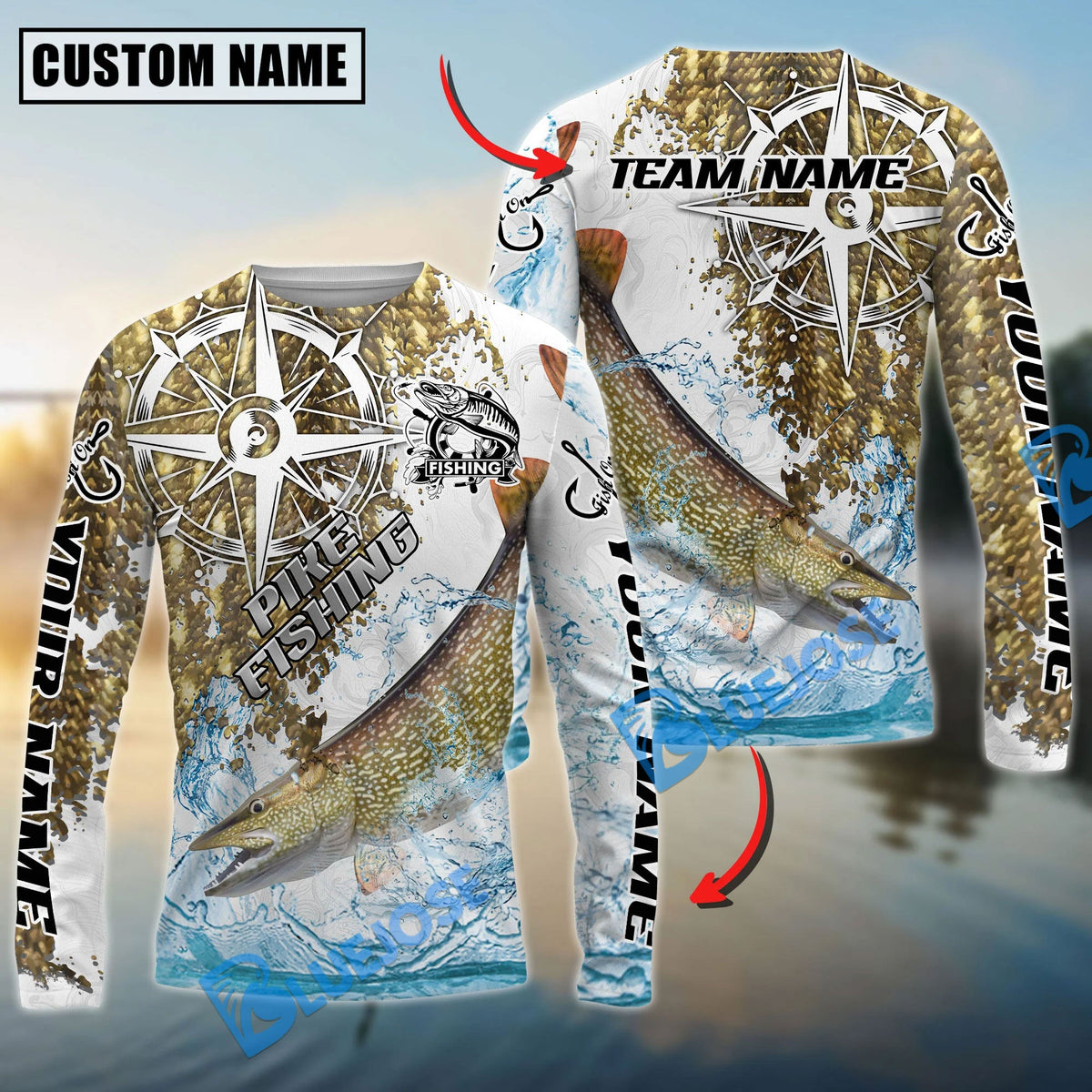 BlueJose Pike Fishing Scale Pattern Splash Art Custom Name & Team Name 3D Shirts